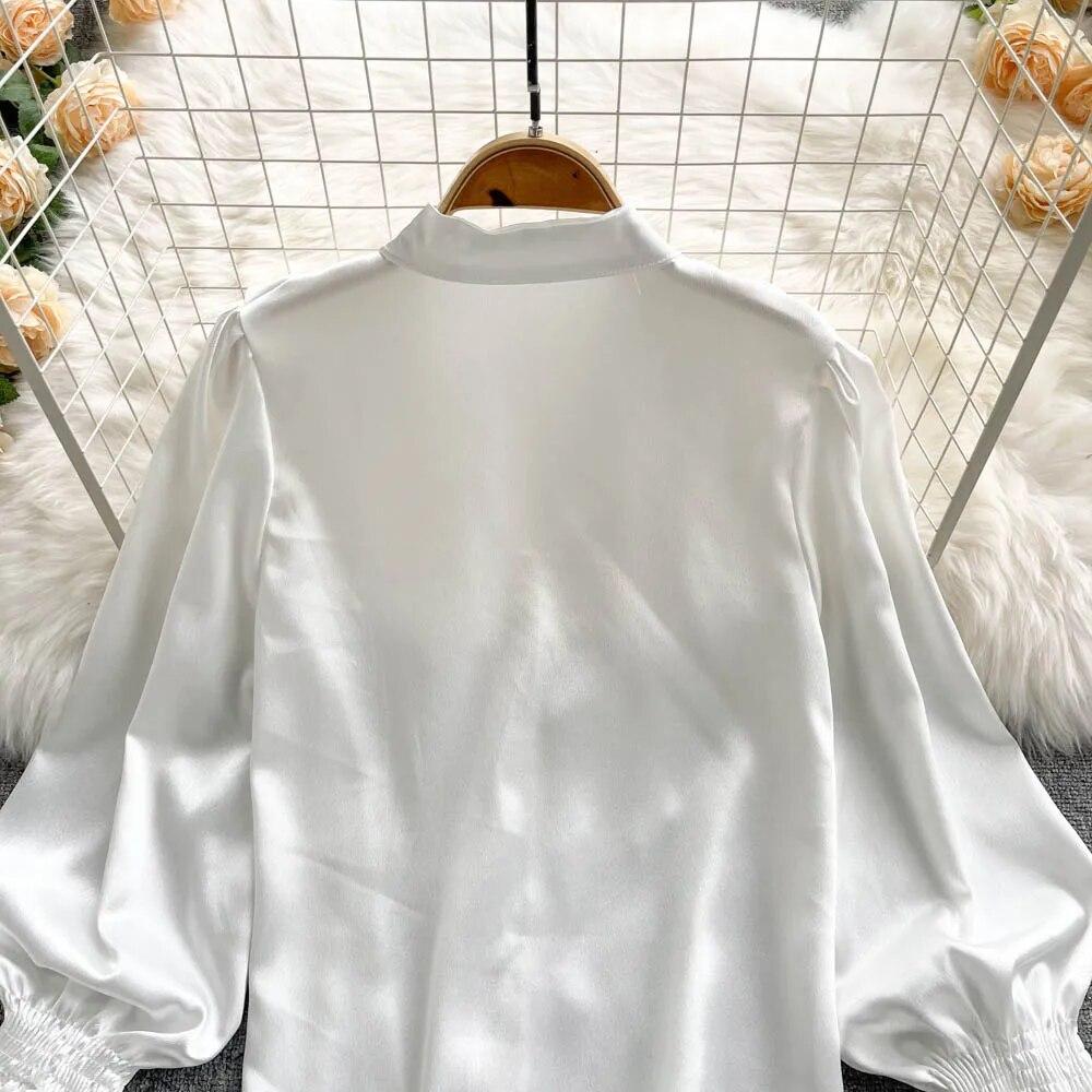 Satin Loose Shirt Long Flared Sleeves Ruffles O Neck Beading  Women Gentle Office Lady Casual Blouse