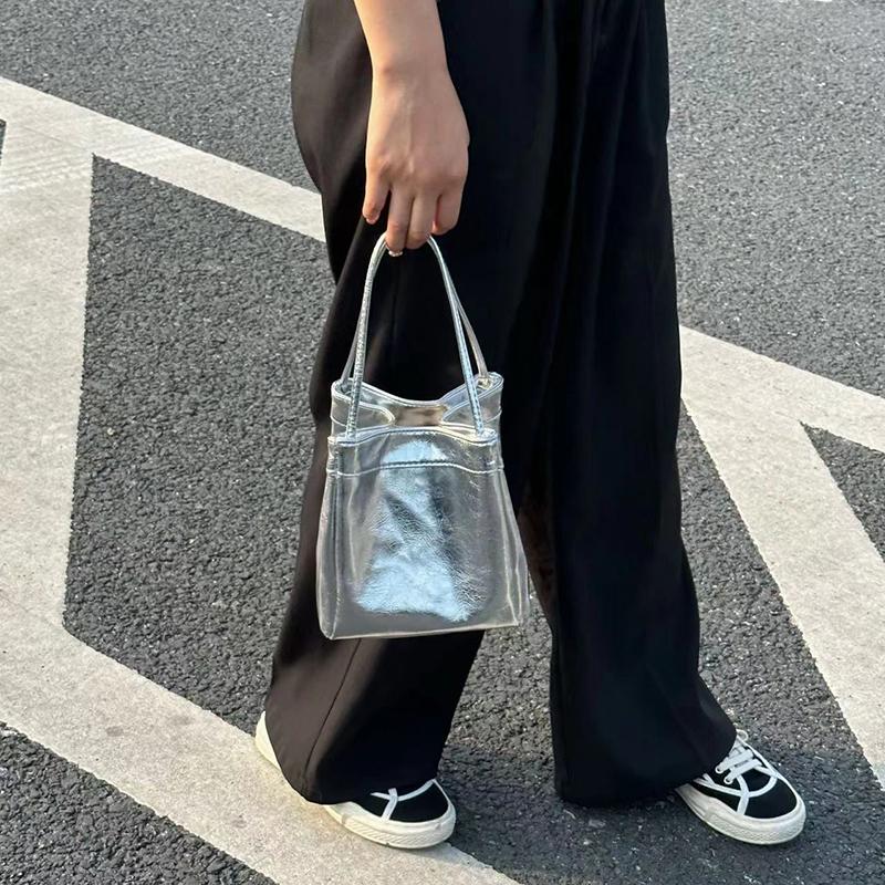 Yogodlns damska jednokolorowa mała górna rączka torebka typu Bucket Vintage PU Leather All-match Chic Tote Bag