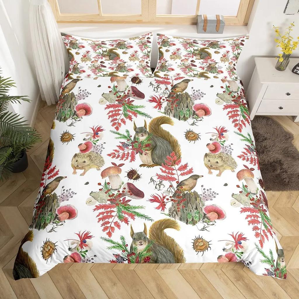 Bettbezug Tiere Cartoon Eichhörnchen Frühlingswiese Wald Fauna Schlafzimmer Dekorativ für Kinder Jungen Mädchen Geschenk Queen Size