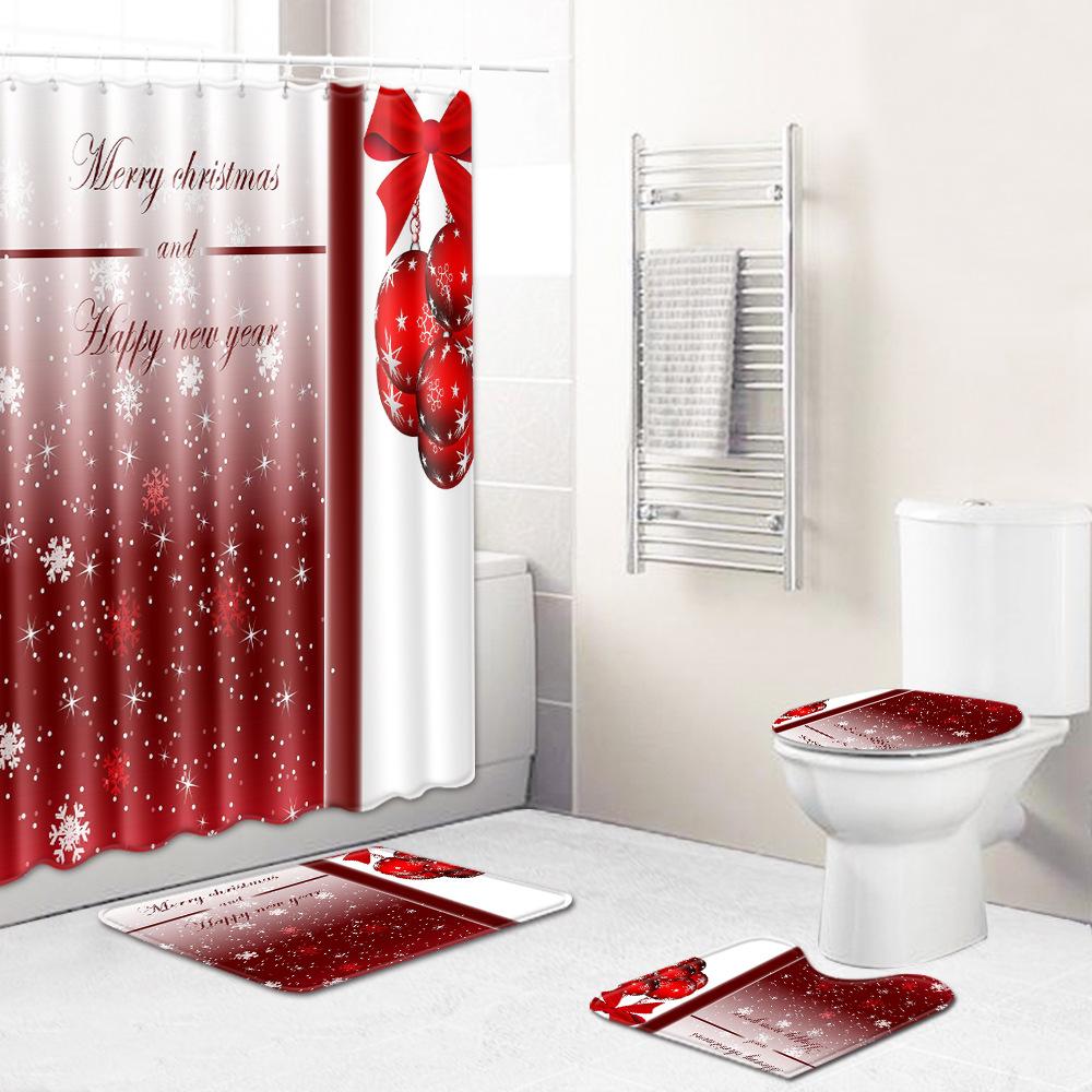 Christmas Shower Curtain Floor Mat Combination Four-Piece Set Bathroom Toilet Carpet Shower Room Mat Foot Mat
