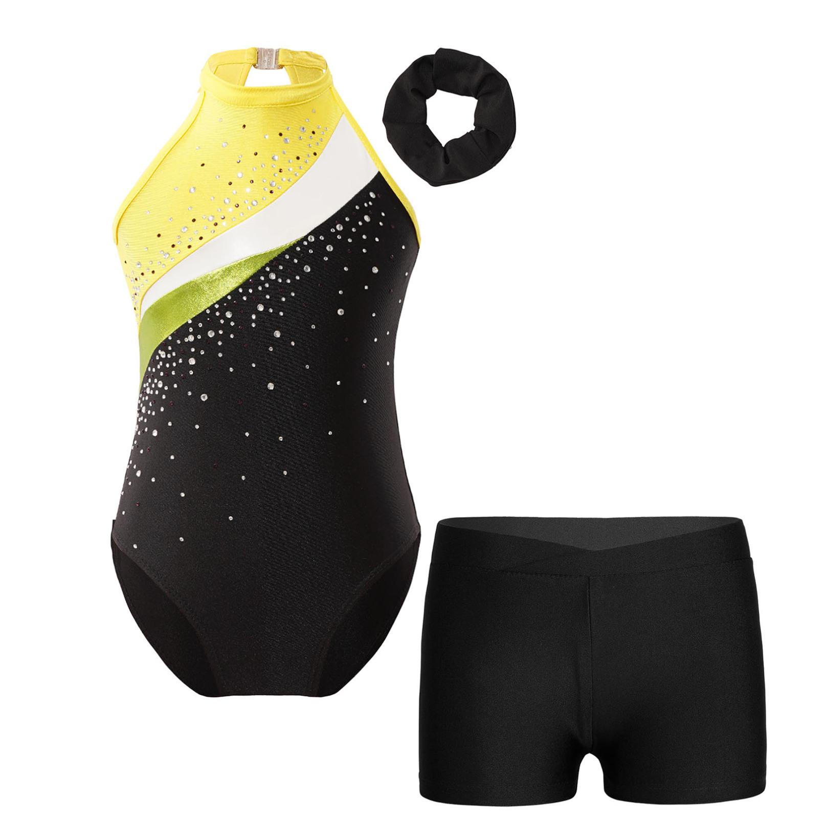 

Дитячі блискучі танцювальні трико без рукавів з гумкою для волосся та шортами Комбінезон для змагань з балетної гімнастики 5-6 Years жовтий/чорний