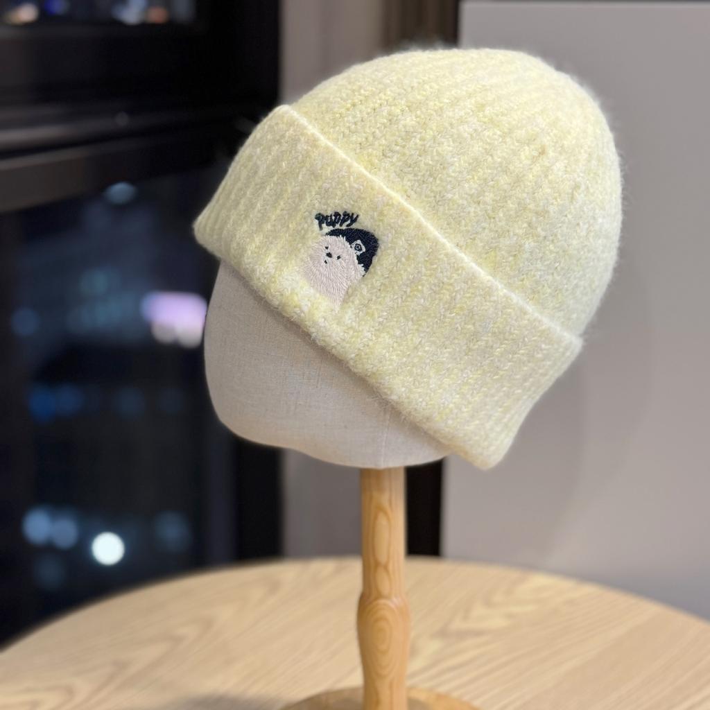 Cute Bear Embroidered Knitted Hat for Women Korean Style Autumn and Winter Warm and Face Friendly Small Ear Protection Woolen Cold Hat