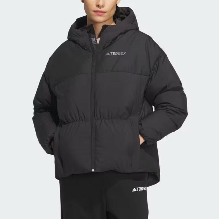 Adidas Goose Down Midweight Puffer Jacket 800 Fill Solid Color Logo Long Sleeve Hooded Down Jacket Women Jacket Black IS0334