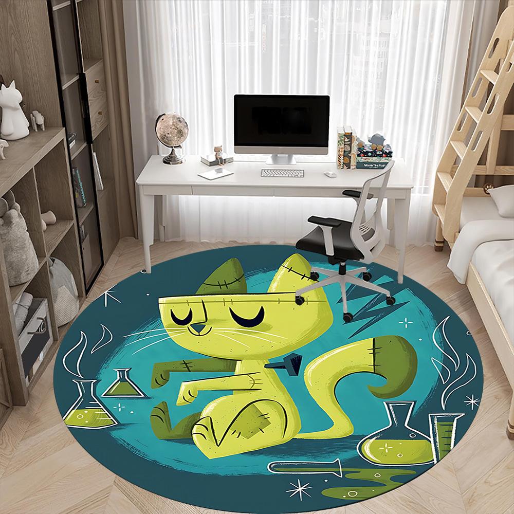 1pc Green Cat Office Round Area Rug, Under Office Chairs Bedroom Living Room Home Decor, Room Deco