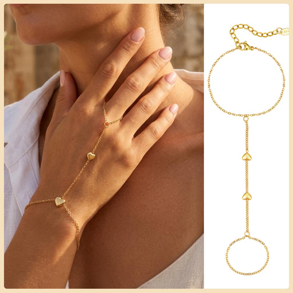 Bracciale Anello a Catena a Mano in Acciaio Inossidabile per Donna, Braccialetti Dita a Doppio Strato Placcati Oro Regolabili, Gioielli per Feste Estive