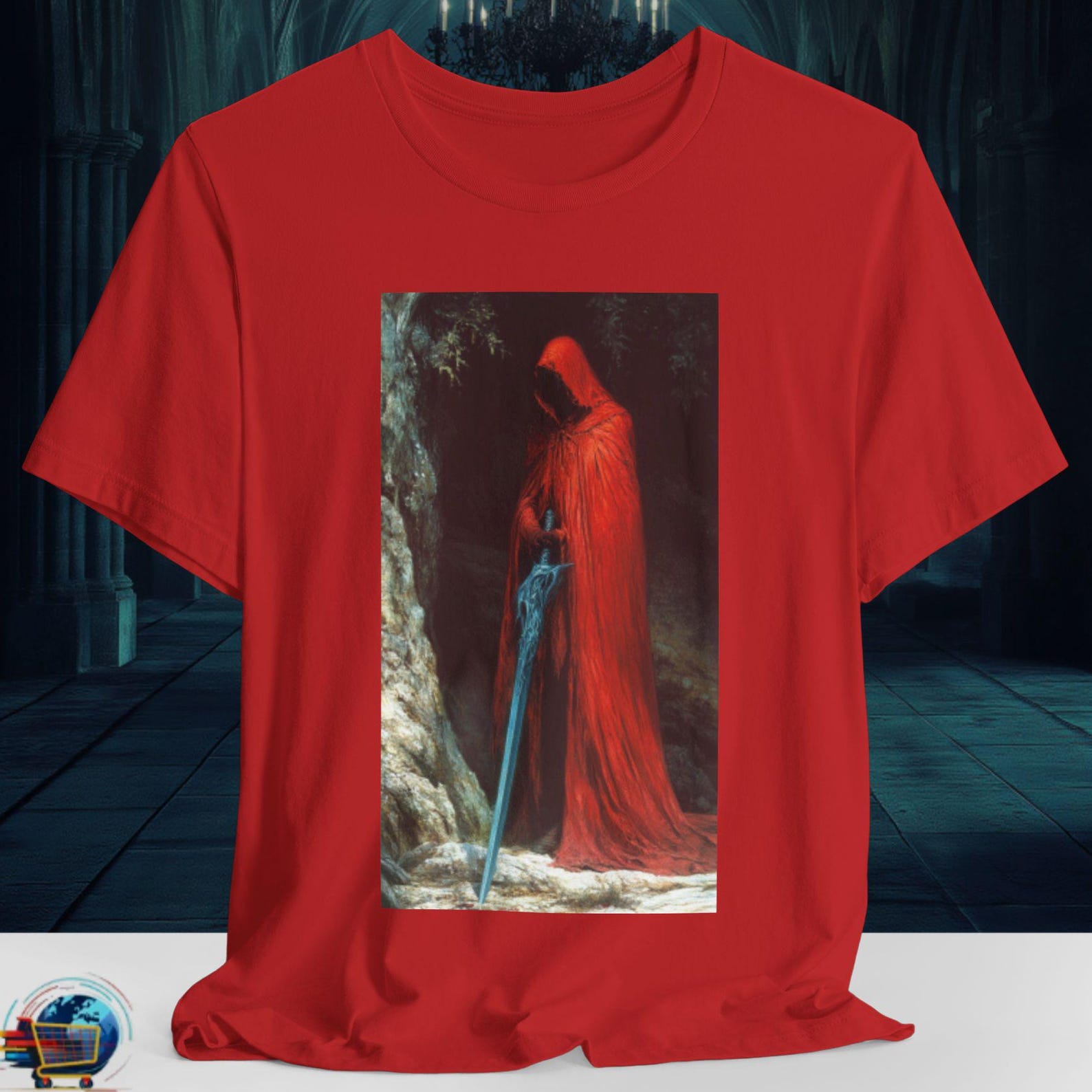 Gothic Angel of Death T-Shirt | Red Cloaked Reaper Sword, Dark Fantasy XL