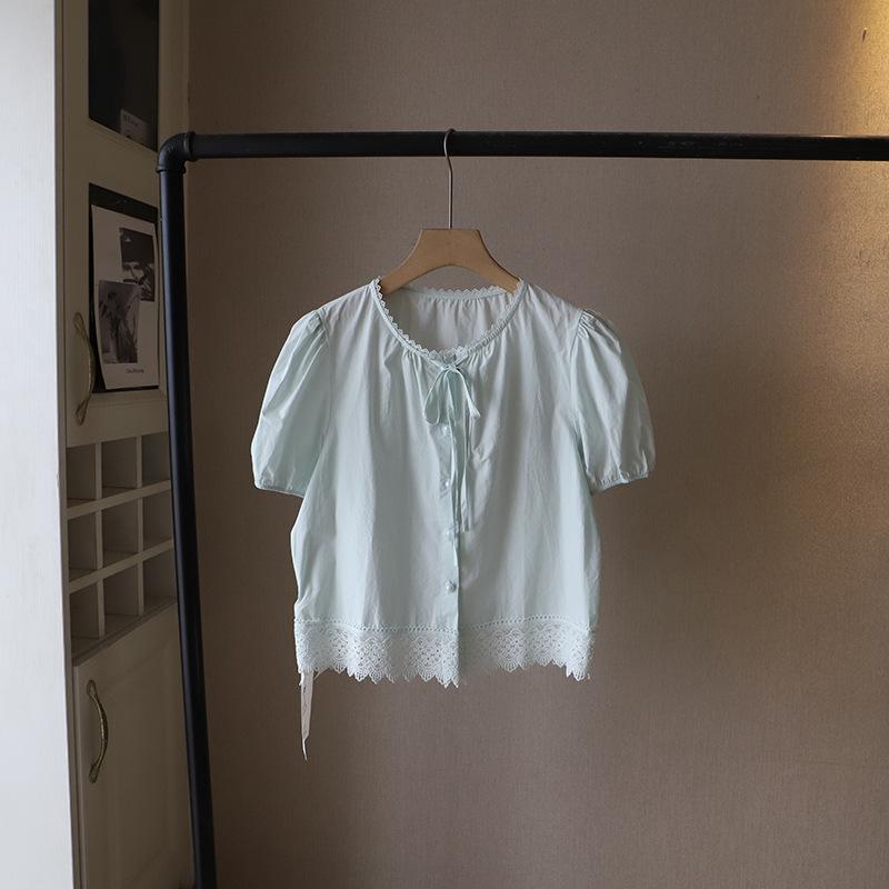 Bi Zheng 2025 Summer Korean Style Lace Patchwork Bubble Sleeve Tie-Up Shirt