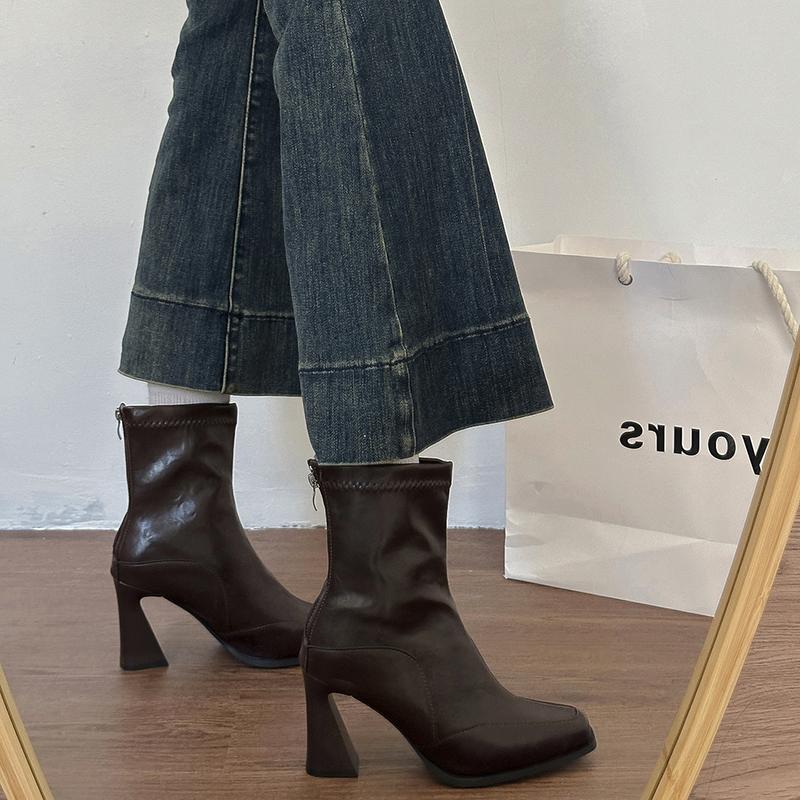 Autumn Winter Square Toe Women High Heel Ankle Boots Street Style Elastic Slim Mordern Short Botas De Mujer