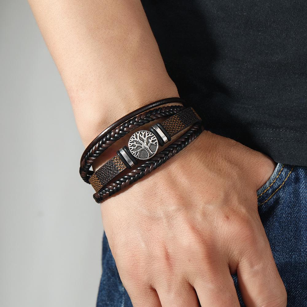 Braided Leather Rope Punk Men's Bracelet with Tree of Life Charm