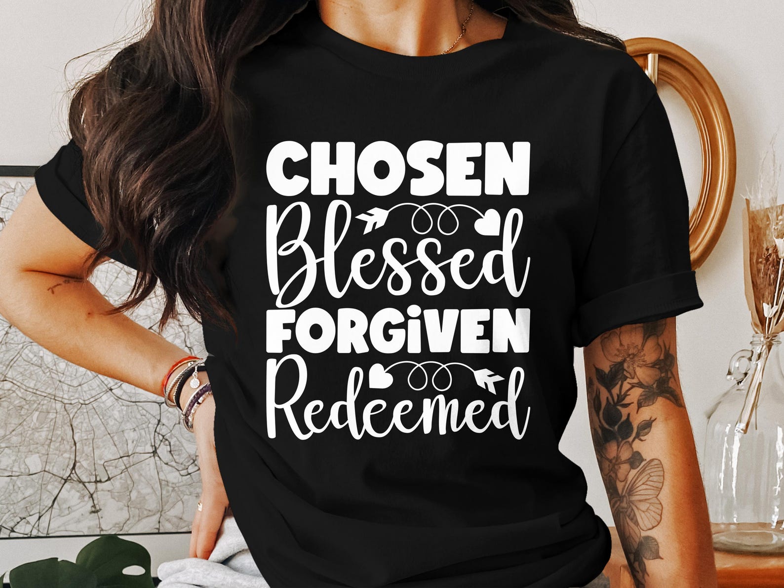 Chosen Blessed Forgiven Redeemed T-Shirts, Christian Faith Tee, Bible Verse Shirt, God Jesus Lover T Shirts, Religious Graphic T Shirt 2XL