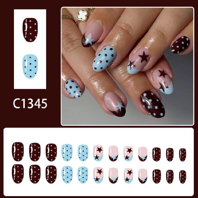 24Pieces Press On Nail Polkas Dot Blue Star Pattern Friendly ABS Artificial Nail French Tips For Daily Use