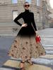 Women's A-Line Midi Skirt with Gradient Black Burgundy Rose Print Vacation Style High Waist Pleated Summer Skirt for Ladies