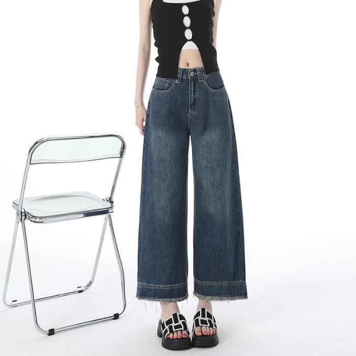 Women s High-Waisted Retro American Wide-Leg Jeans with Tassel Hem Medium