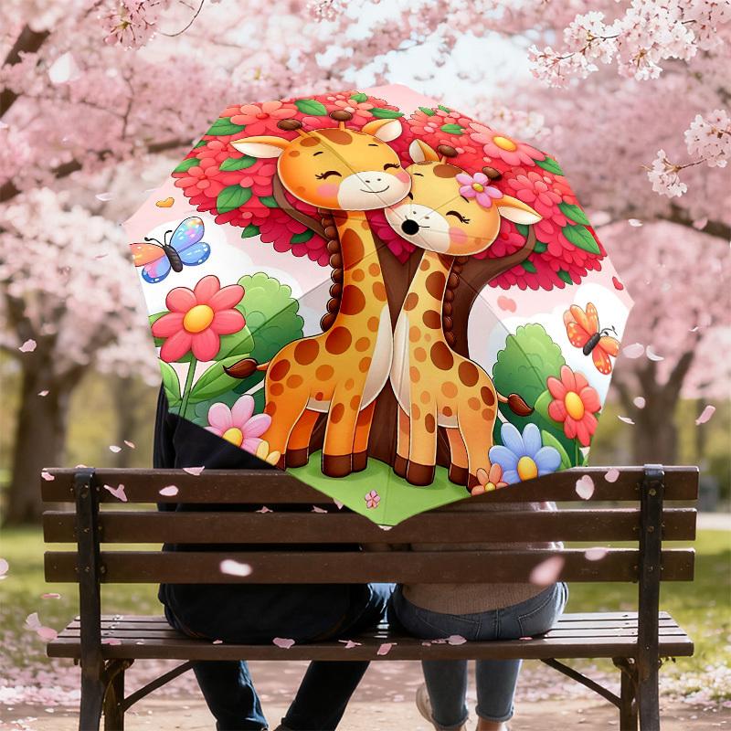 1pc Giraffe Love Automatic Open/Close Umbrella Compact Folding Umbrella with 8-Rib Shaft for Women/Men, Portable Travel Umbrella,1144S