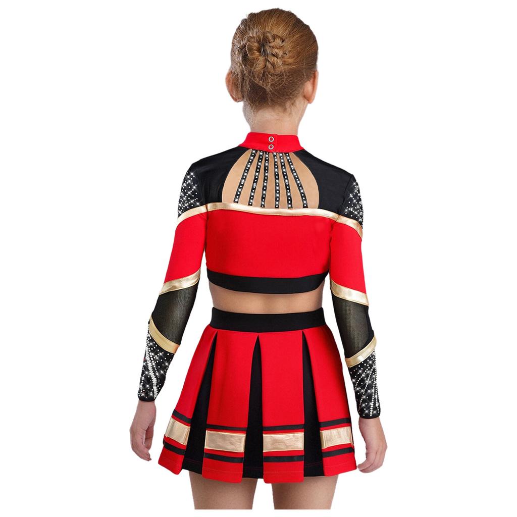 Bambina Ragazza Costume da Cheerleader 2 Pezzi Costume da Esibizione Manica Lunga Patchwork in Rete Trasparente Strass Color Block Crop Top con Gonna Pieghettata
