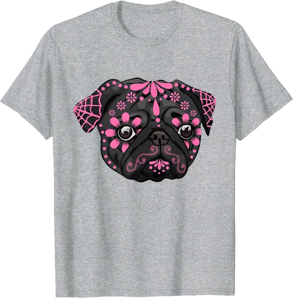 Czarny różowy mops psy dzień zmarłych cukier meksykańska czaszka pies koszulka na Halloween na co dzień krótkie codzienne cztery pory roku koszulki unisex t-shirty