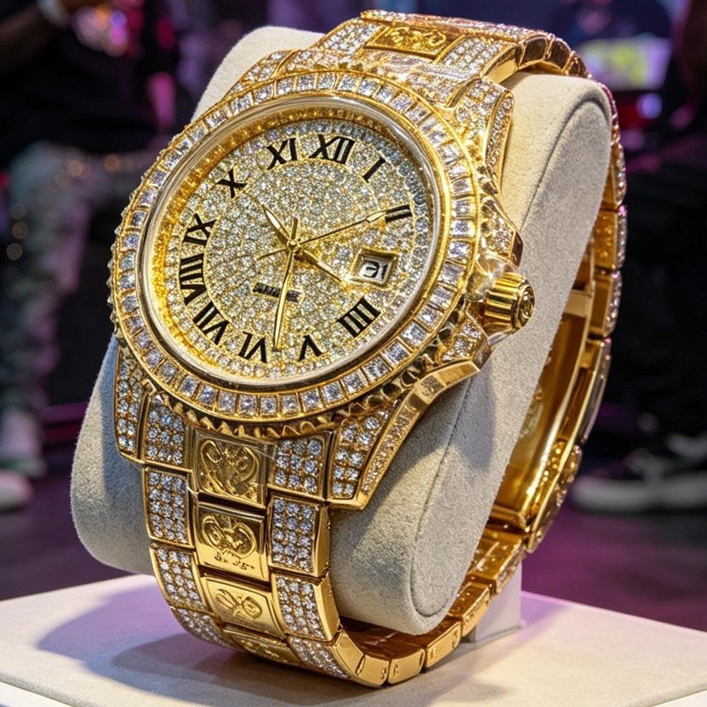 Full Diamond Hip Hop Iced Out Bling Quartz Watch Men High Quality Fashion Calendar Wristwatch