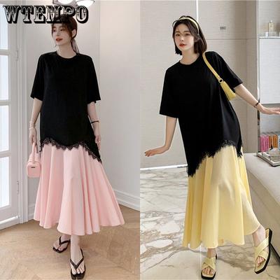 Female Summer Sweet Loose Long Dress Fashion Fake Two Pieces Splicing Dress