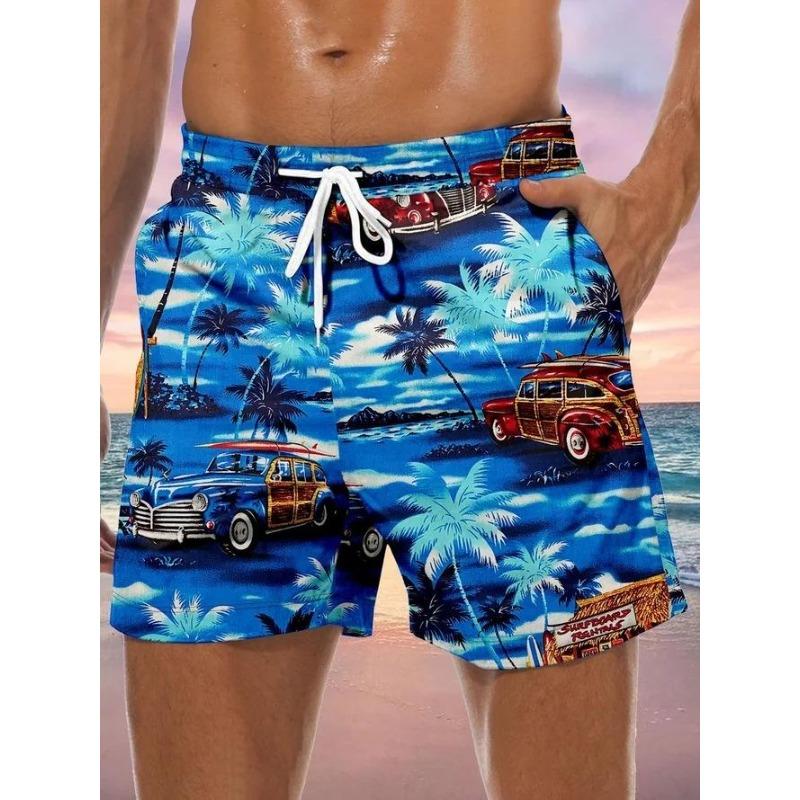 Summer New Coconut Tree Car Drawstring Beach Print Seaside Beach Casual Men'S Shorts
