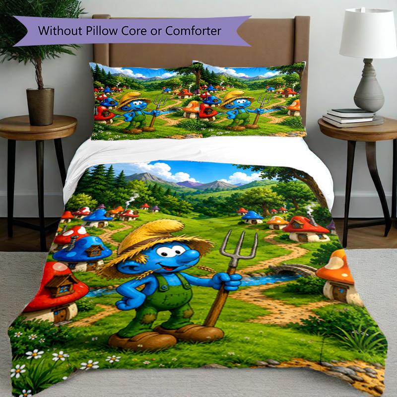 3pcs Duvet Cover Set (1*Duvet Cover + 2*Pillowcase, Without Core), Blue Smurfs Print Bedding Set, Bedroom Decor, All‑Season, Birthday Gift