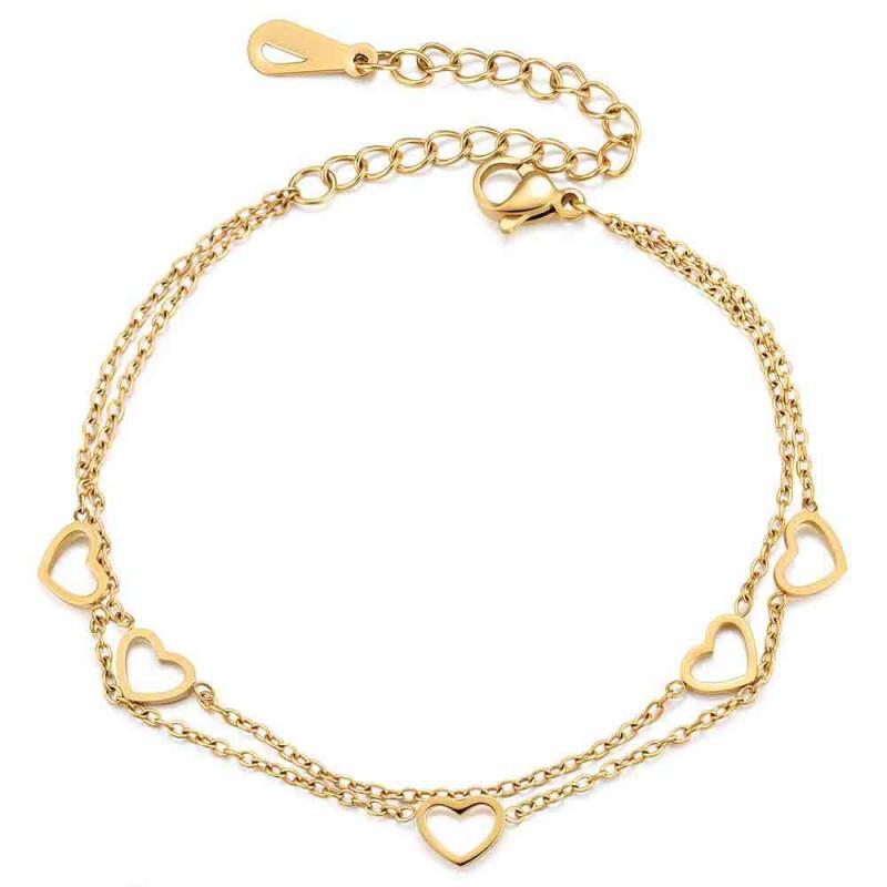 Stainless Steel Layered Adjustable Heart Charm Bracelet Women Gold Plated Minimalist Fashion Jewelry