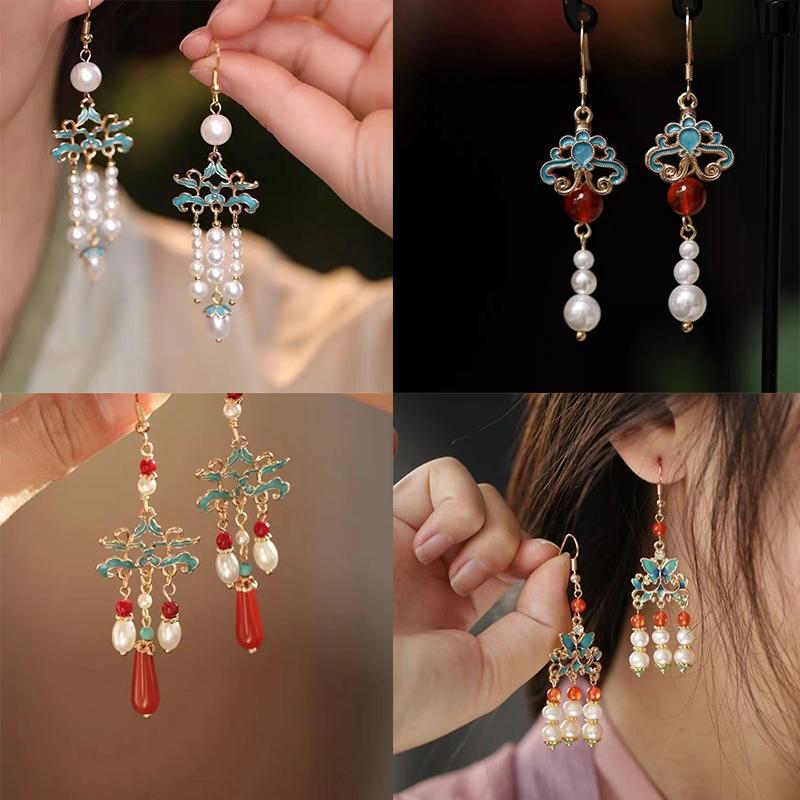Luxus Neue Antike Damen Hanfu Ohrringe Tang Dynastie Gebrannt Blau Schmetterling Perle Hängeohrringe Hochzeits Schmuck Geschenk