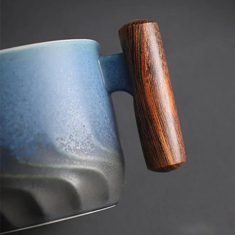 Ceramic Retro Cup Coffe with Wooden Handle Rough Large Capacity Water Tea Mug Handmade Drinkware Teaware for Birthday Gifts