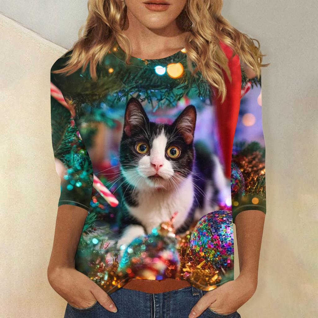 Dámské módní a ležérní top s tříčtvrtečním rukávem a vánočním potiskem s kulatým výstřihem