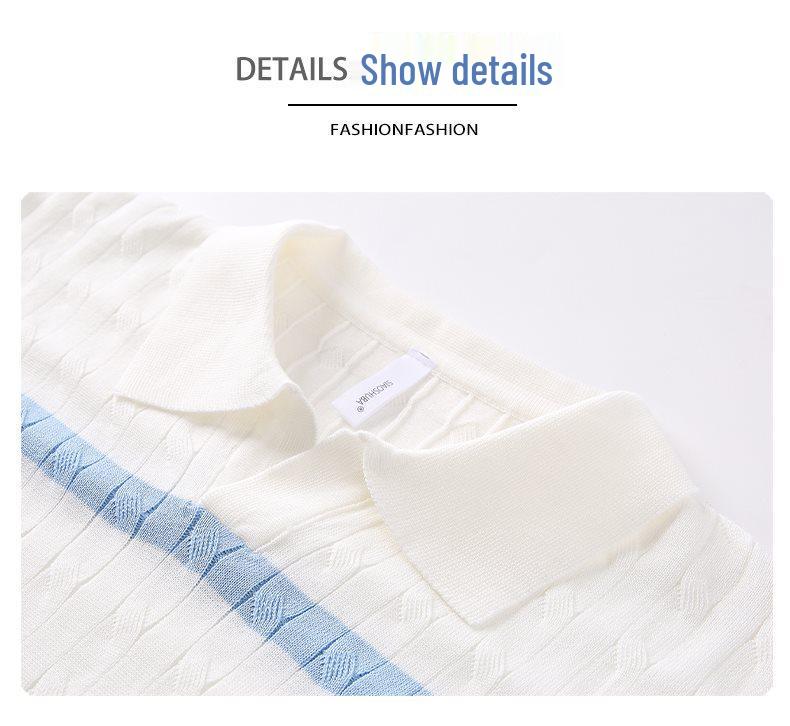 2026 Japanese Style White Striped Lapel Polo Knit T-Shirt for Men - Summer Short Sleeve