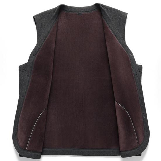 Men Vest Coat V-Neck Sleeveless Single Breasted Waistcoat with Pockets Solid Color Thickened Velvet Lining Coldproof Vest