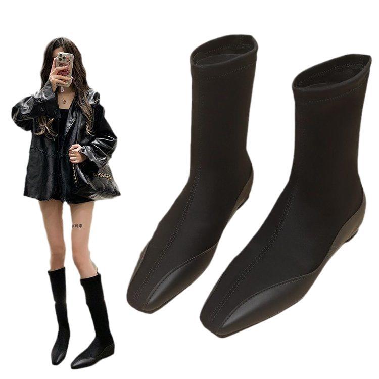 Square head high boots women's 2025 new autumn and winter knight boots flat bottom boots elastic boots socks boots stacking boots