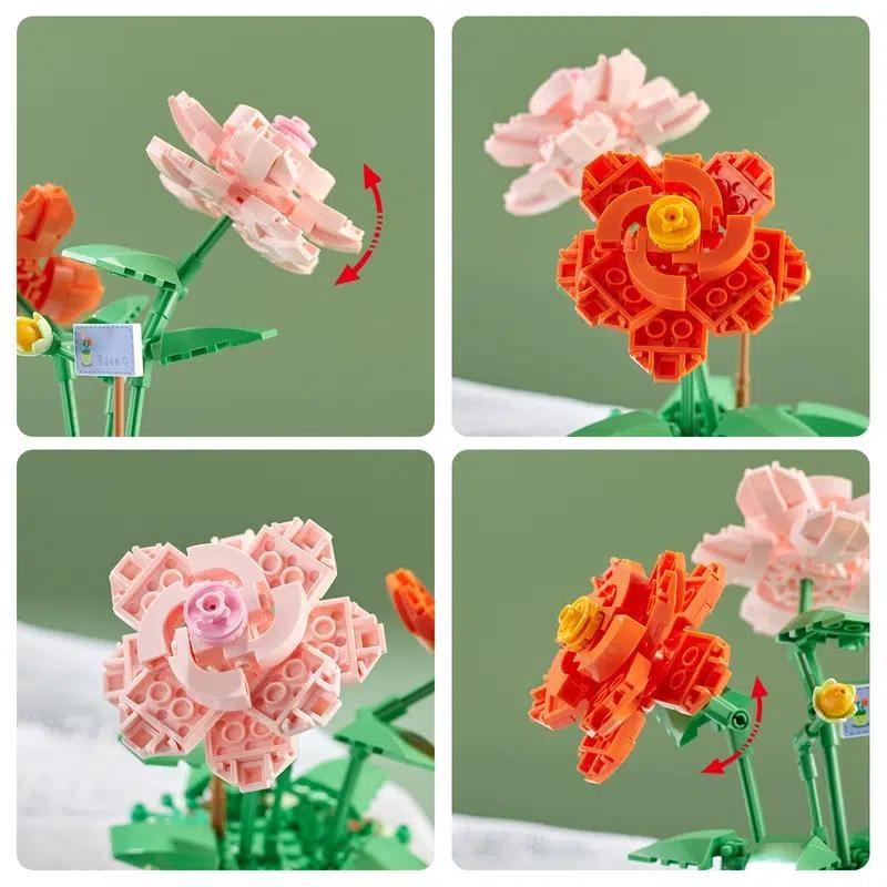 Building Block Bouquet 3D Model Home Decoration Plant Potted Chrysanthemum Rose Flower Assembly Brick Toy