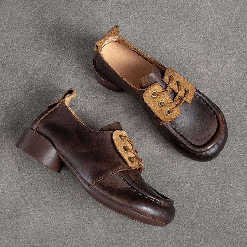 Johnature Genuine Leather Comfortable Women Pumps Retro Handmade Soft Sole Round Toe Versatile Low Heel Shoes