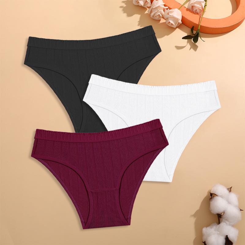 FINETOO 3Pcs/Set Cotton Striped Stretchy Underwear Women's Low Waist Panties Sexy Elastic Wide Belt Solid Color Briefs Comfort Lingerie