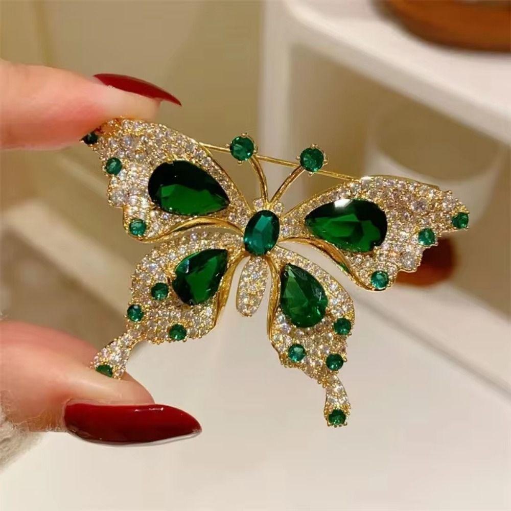 Retro Green Butterfly Suit Collar Pin Crystal Butterfly Brooches Green Butterfly Brooch  Gift