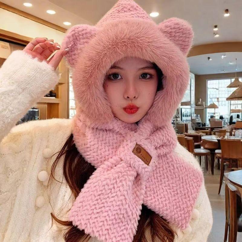 Winter New Cute Fluffy Integrated Hat Thickened Warm Cycling Plush Hat Two-piece Set Scarf Ear Protection Women's Hat