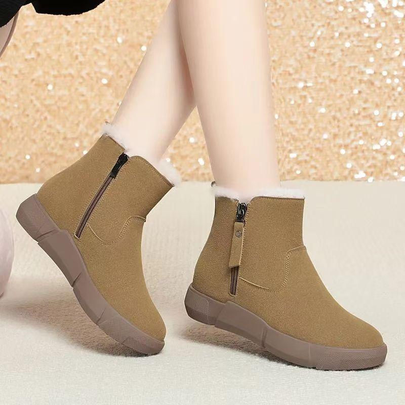 New Winter Women's Leather High Top Flat Sole Wool Boots Soft Sole Non Slip Plush Warm Round Toe Snow Boots Zipper Cotton Boots