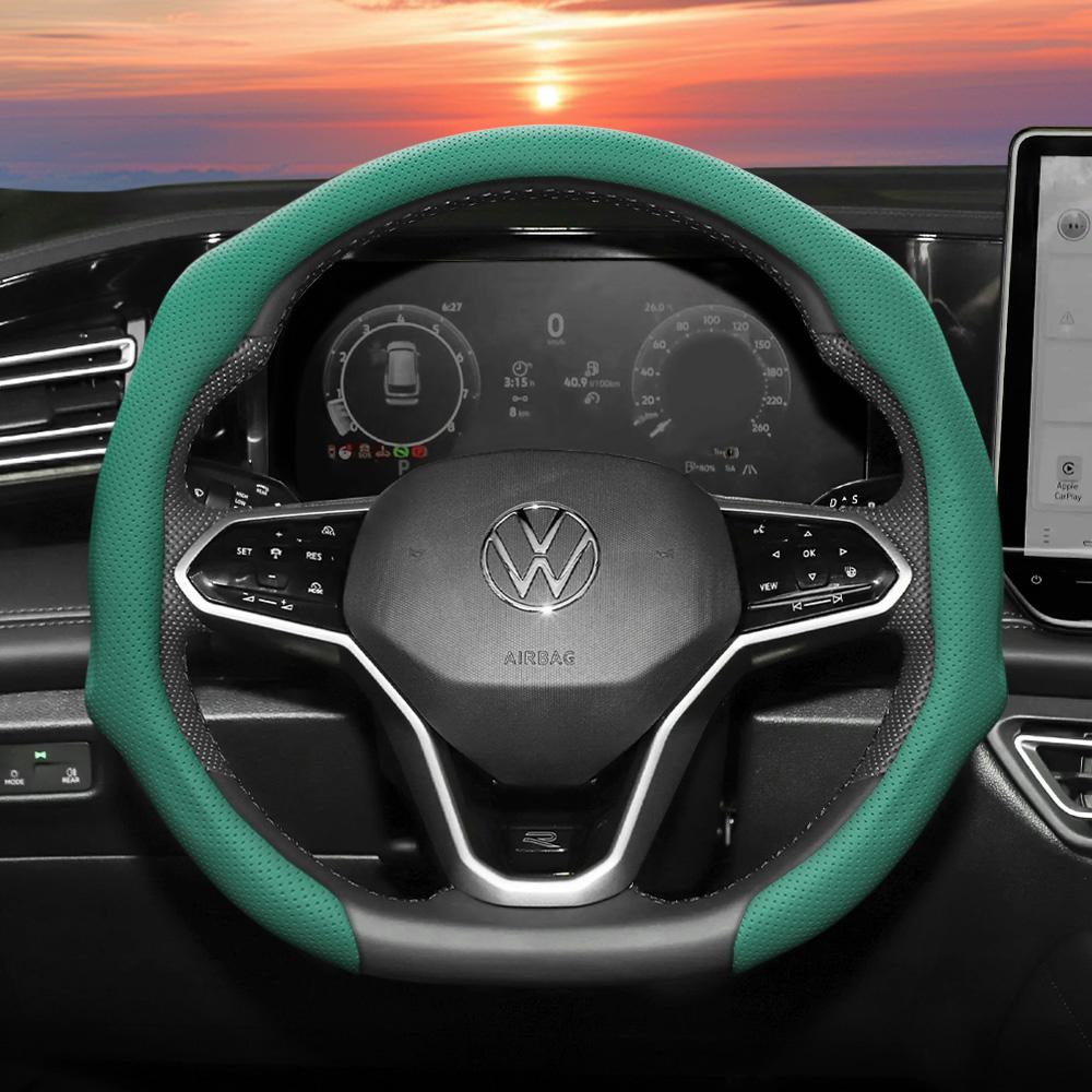 Suitable for Volkswagen Perforated Leather Steering Wheel Cover, Non-Slip Breathable Integrated Protective Case Golf Passat Polo Jetta