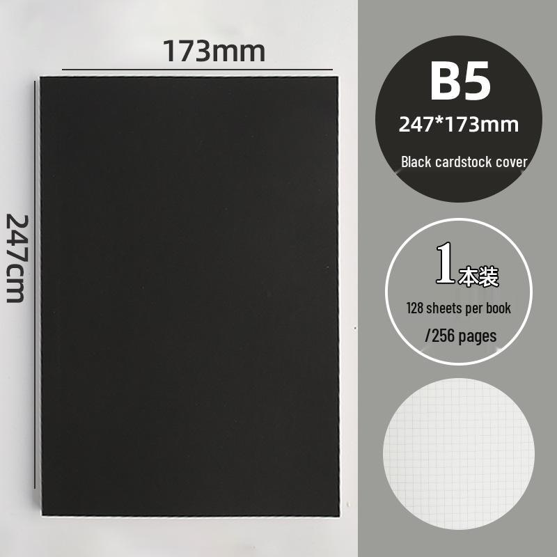 Retro Black Card Notebook - B5 Large & A5 Draft Book with Lined, Grid, and Blank Pages for Students