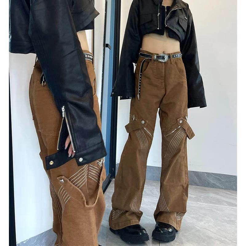 Women's Y2K Brown Vintage Bandage Grunge Jeans Hip Hop Denim Pants Female Leisure Streetwear Skinny Straight Wide Leg Trousers