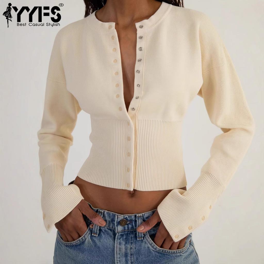 YYFS Moda feminina casual outono inverno cor sólida estampa manga comprida gola redonda suéteres
