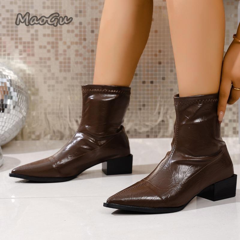 Fashion 2025 Women's Autumn Boots PU Leather Pointed Toe Elegant Short Boots Slip On Botas Mujer Office Ladies Fashion Botines Size35-42
