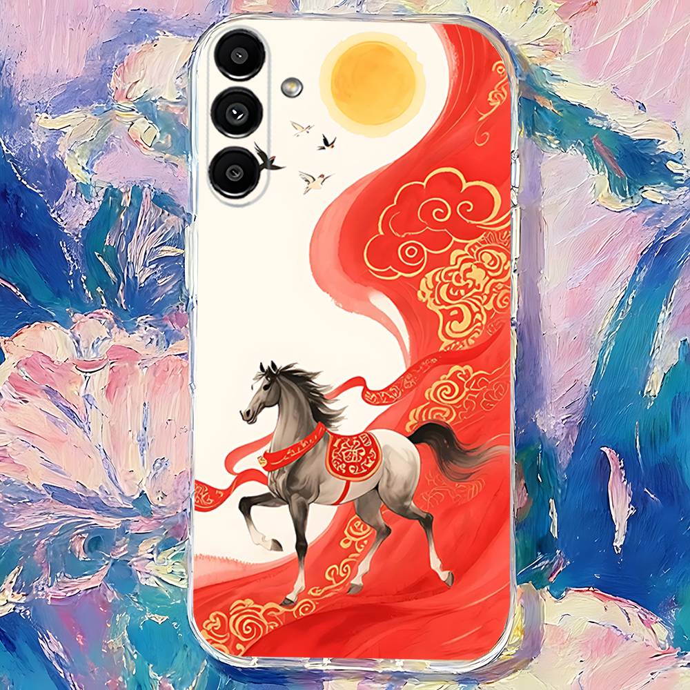 Chinese-Style Red Horse Phone Case For Samsung S24,S25,S30,S23,S21,S22,S20,S10,5G,FE,lite,PIus,Ultra Clear Transparent Cover