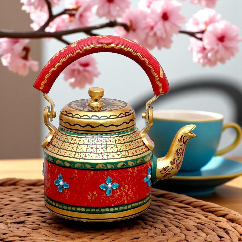 Hand Painted Designer Aluminium Kettle for Tea/Coffee, Home Decor& Gift Purpose. Capacity 1 L, Size 8.5"x5.5"x8.5"