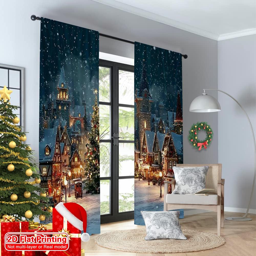 2pcs 2D flat printing Merry Christmas Popular Drapes Christmas Village winter 100% Polyester Without Electricity Birthday Party