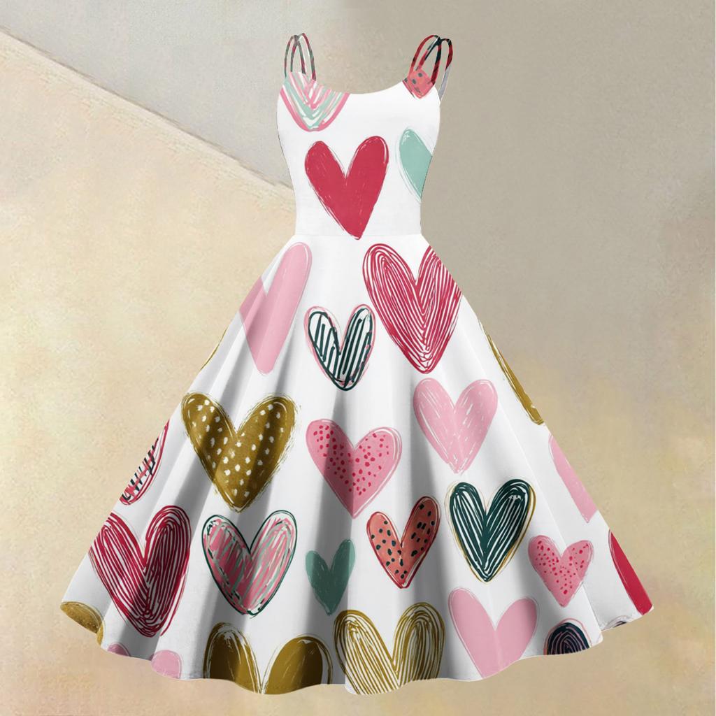 Damen-Kleid mit Valentinstag-Liebesherz-Print, sexy, schulterfrei, Vintage-Kleid