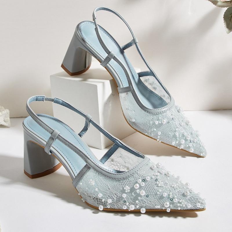 Mesh String Beads High Heels Women Bling Lace Pointed Toe Mules Slingback Dress Shoes Breathable Chunky Heel Women Sandals