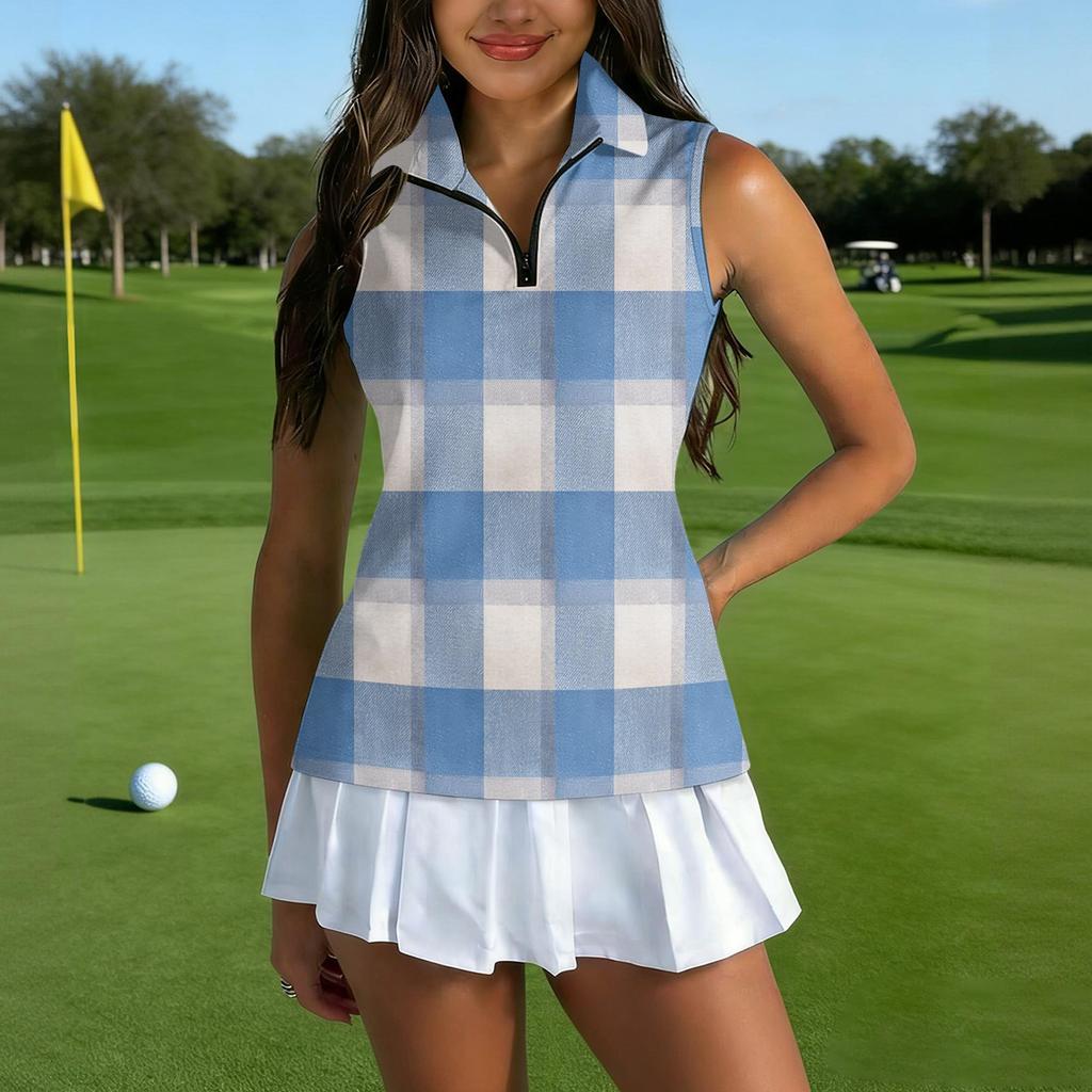 Women Sleeveless Golf Polo Shirt Zip Collar Plaid Print Athletic Tank Top for Sports Outdoor Exercise Casual Wear