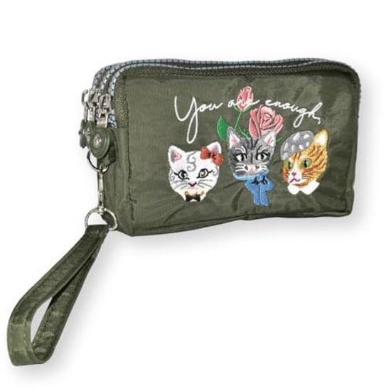Pouch Cat Embroidery Cute Stylish Nylon Mini Cosmetic Makeup Small Item Holder Strap Large Capacity Pattern 3-Zipper Present Gift Travel 3 Pockets
