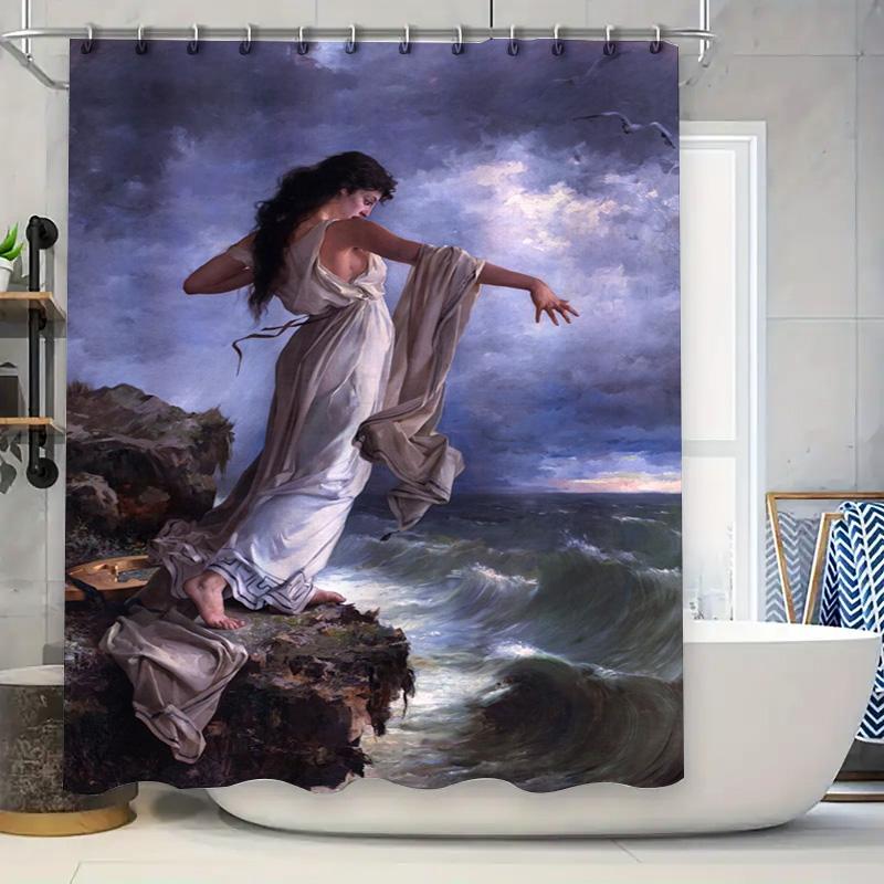 

High-Quality Bath Shower Curtain: Artistic Ocean Scene With Woman In White Dress Waterproof Fabric For Bathroom Decorations W60H190(CM)-1 Pcs